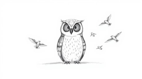 A heartwarming hand-drawn sketch reminiscent of Pixar, depicts a gentle, blind owl with fluffy feathers patiently teaching yo