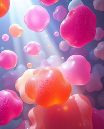 This captivating digital rendering showcases a high-angle perspective of floating 3D blobs of fluid jelly, boasting vibrant c