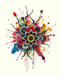 This surreal infrared-toned art print showcases a traditional tattoo design viewed from above.  Vibrant watercolor splashes b