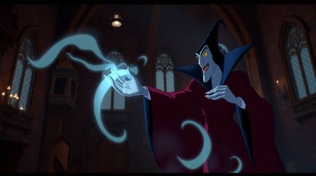 A captivating image depicting a classic Disney villain casting a spell within the dramatic setting of an old castle. The sce