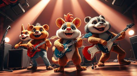 A high-angle, high-resolution photograph depicts a band of cartoon animals passionately playing rock music. The image boasts 