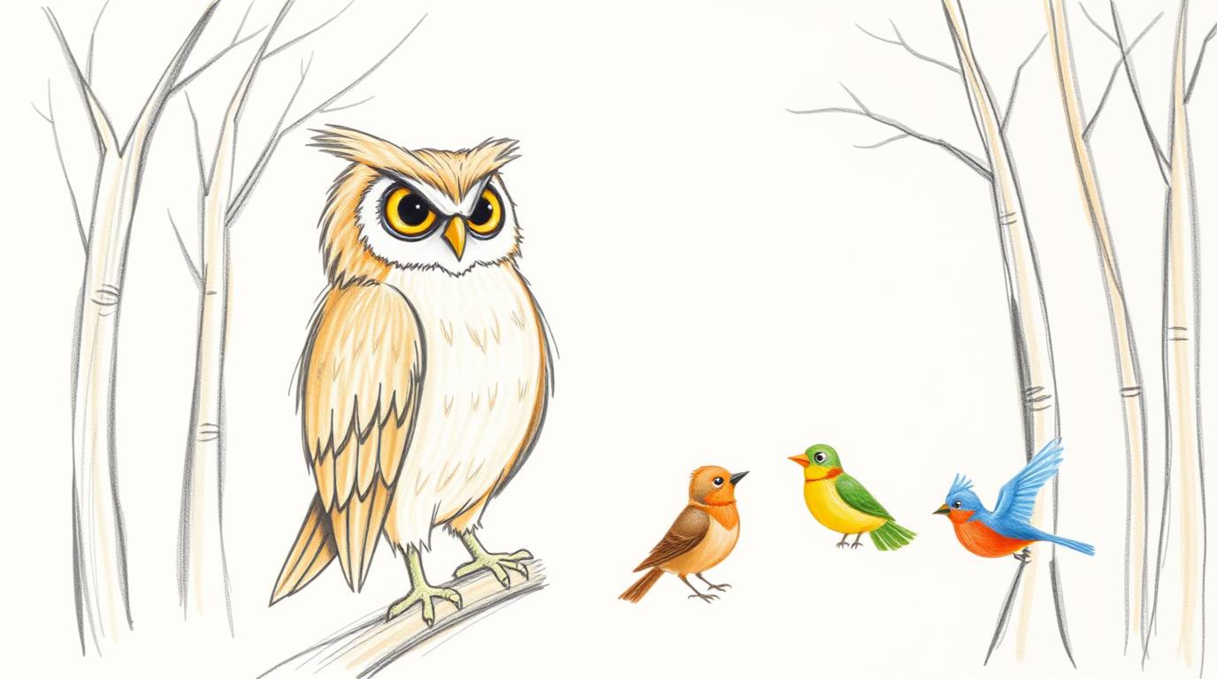 A heartwarming hand-drawn sketch in the style of Pixar depicts a wise, blind owl with soft brown fur patiently teaching a gro