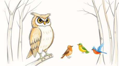 A heartwarming hand-drawn sketch in the style of Pixar depicts a wise, blind owl with soft brown fur patiently teaching a gro