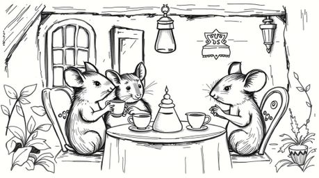 Delight in a timeless and elegant hand-drawn sketch depicting anthropomorphic mice enjoying a tea party within a cozy cottage