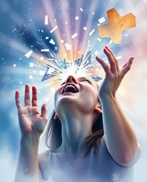A dramatic digital artwork depicting a person screaming as their reality dissolves into vibrant pixels, illuminated by volume
