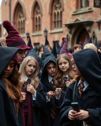Capture the enchanting world of young wizards attending a magical school, brought to life through candid street photography. 