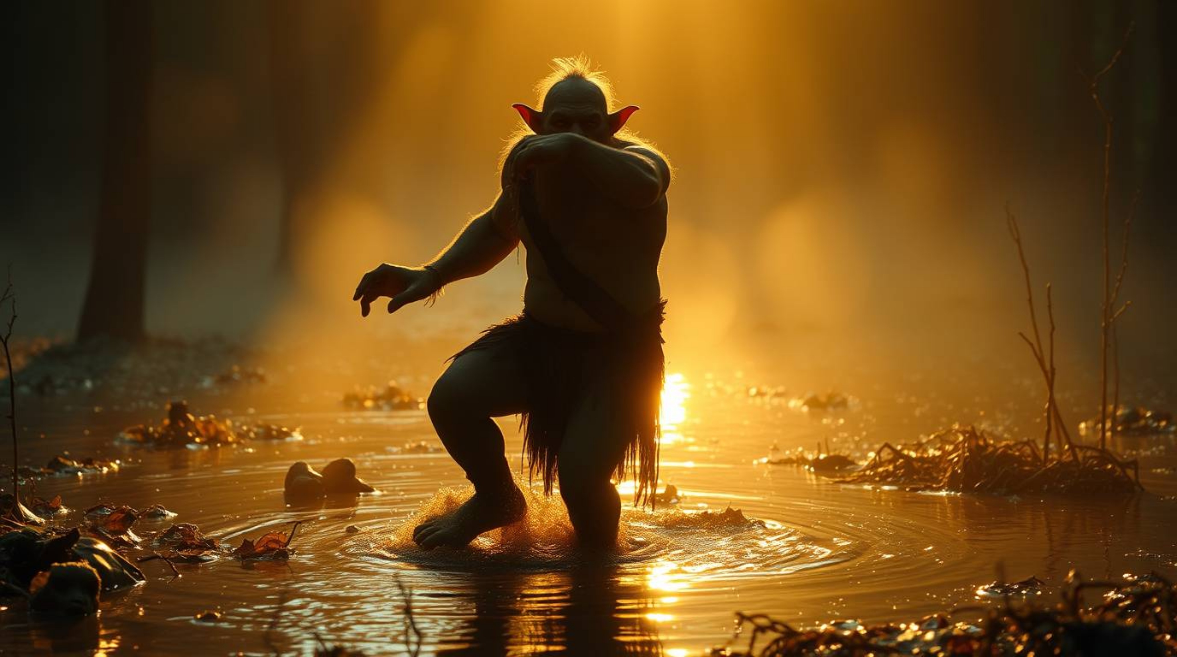A captivating cinematic image depicts an ogre joyfully dancing in a swamp.  Bathed in a warm, golden glow, the scene is drama