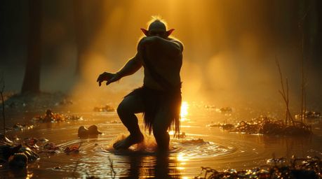 A captivating cinematic image depicts an ogre joyfully dancing in a swamp.  Bathed in a warm, golden glow, the scene is drama