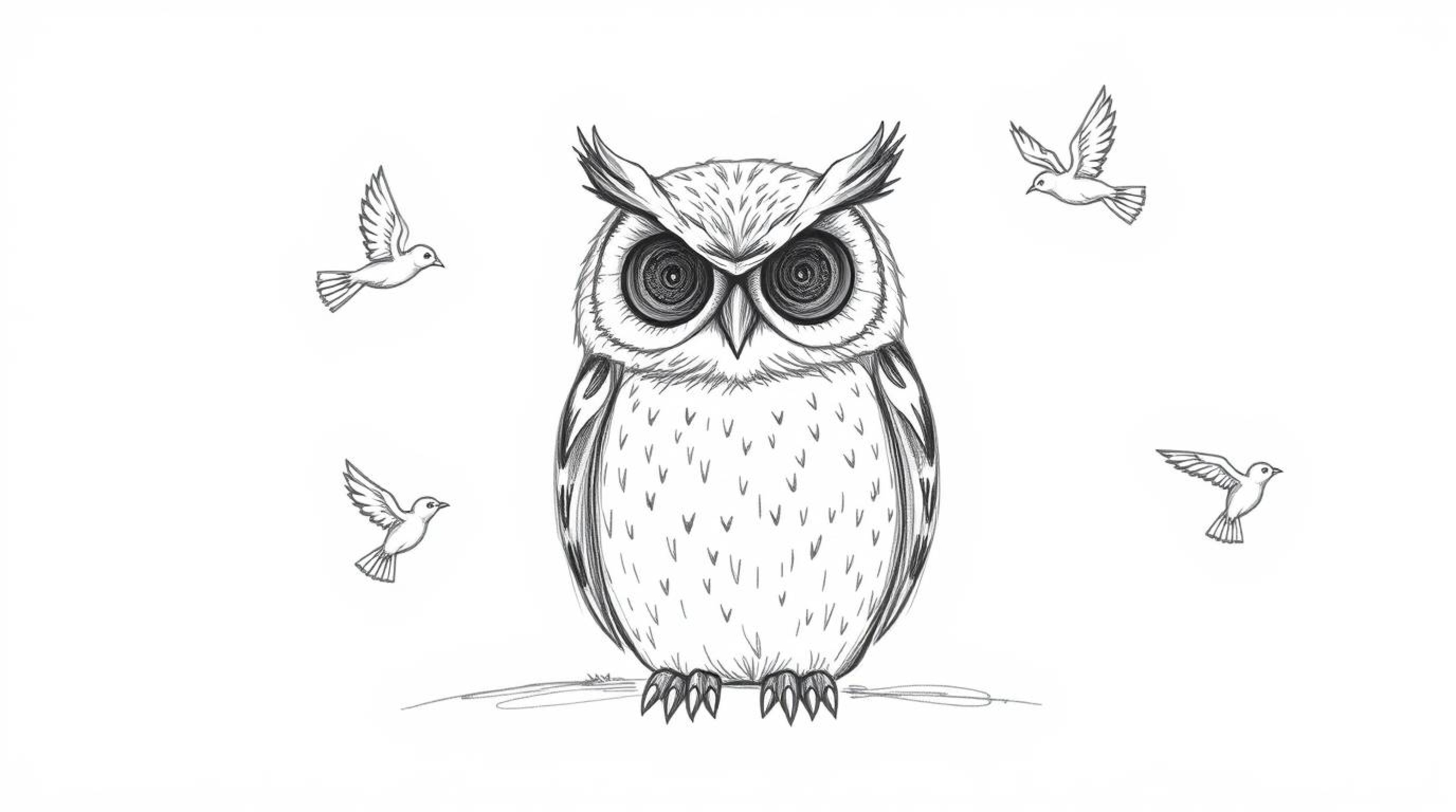 A captivating hand-drawn, textured pencil sketch in the style of Pixar depicts a serene, blind owl.  Young birds playfully or