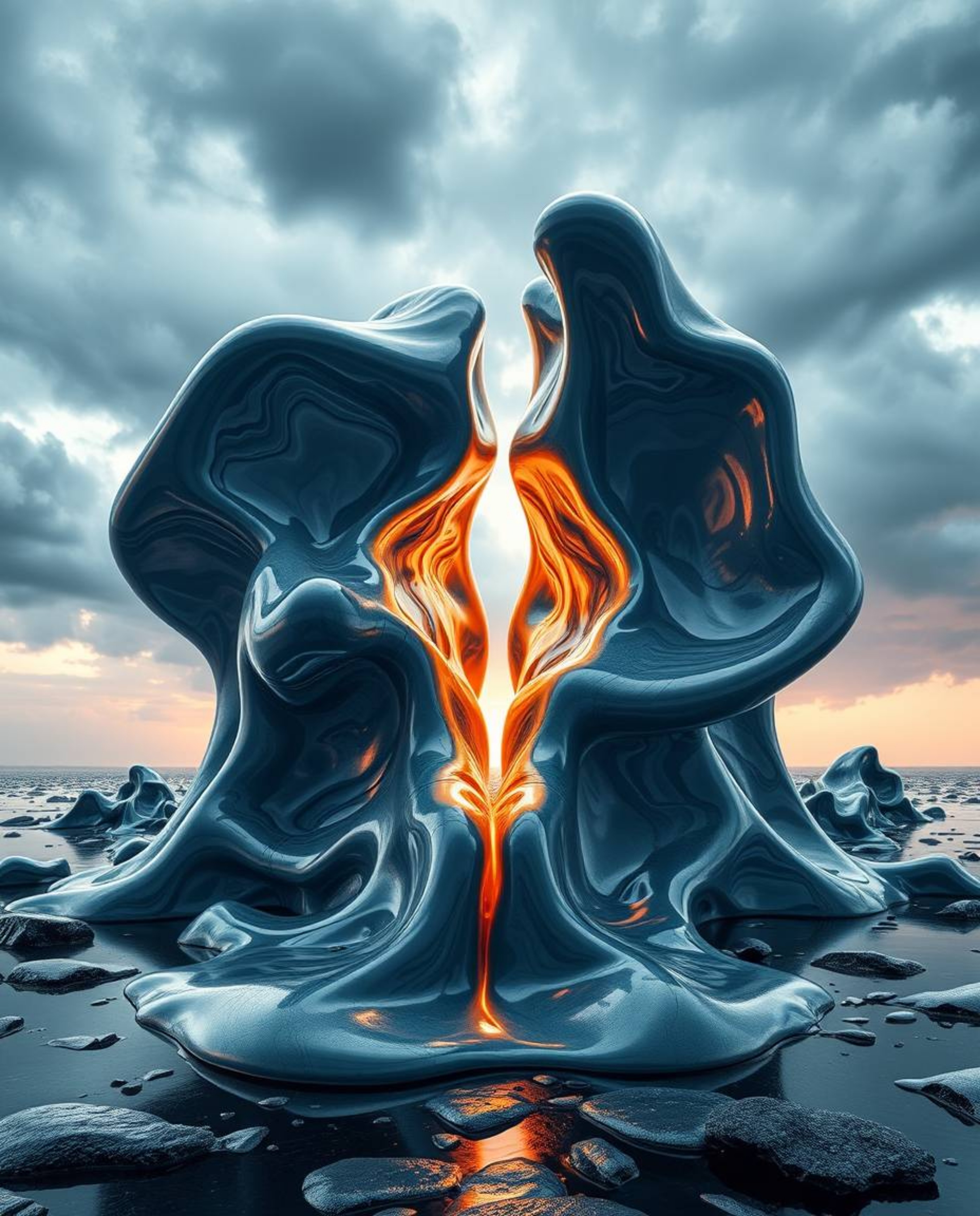 A high-resolution stock photo showcasing intense dramatic weather splitting sculptural 3D fluid mercury shapes with reflectiv