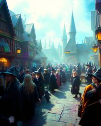Immerse yourself in a magical school brimming with young wizards, all enveloped in a soft and dreamy atmosphere. Cool blues, 