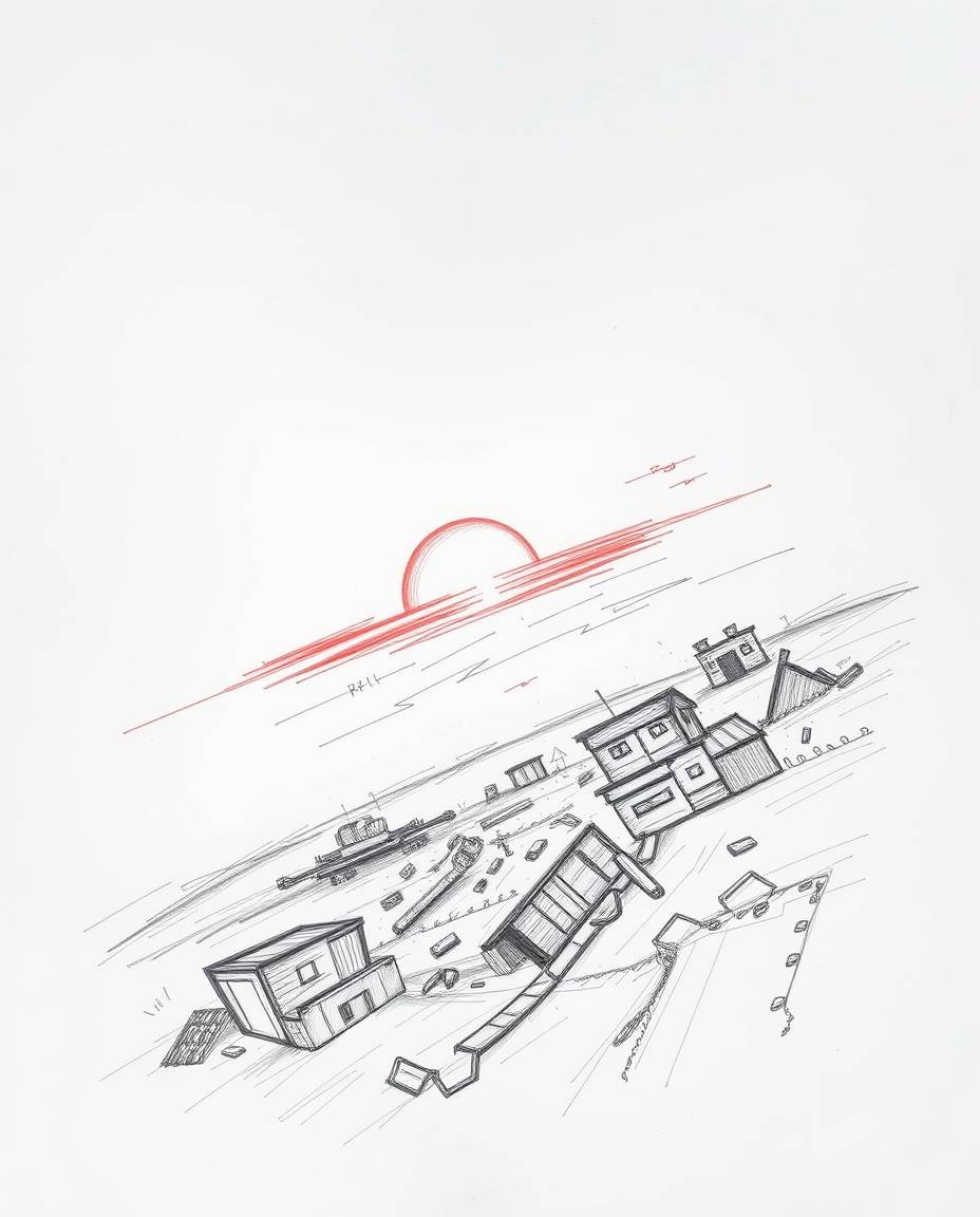 A captivating hand-drawn sketch depicts a sunrise over a desolate, war-torn landscape.  The high-angle perspective emphasizes