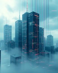 Immerse yourself in a dramatic cinematic scene featuring a glitchy digital landscape.  Distorted skyscrapers rise amidst a ha