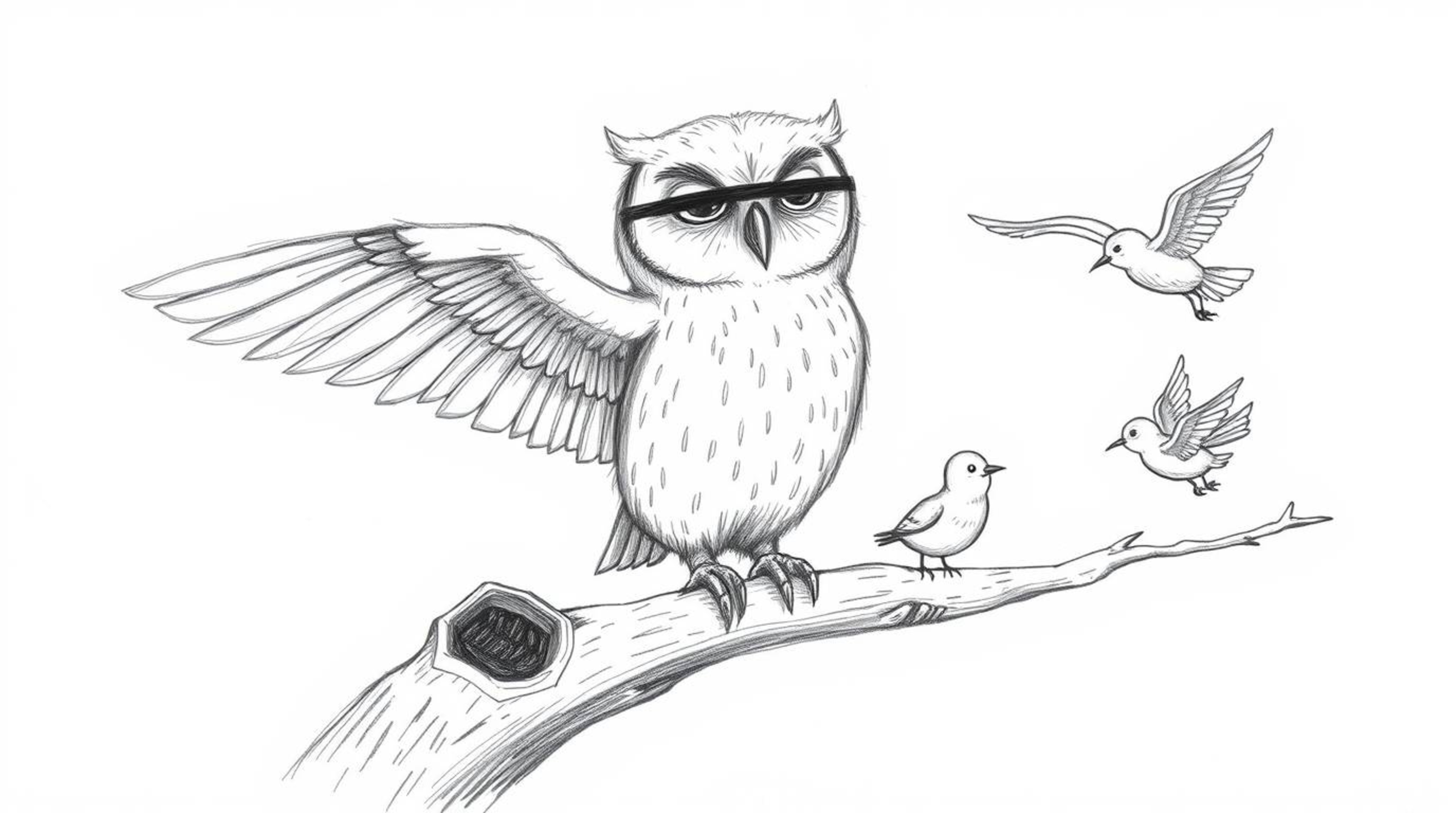 A heartwarming hand-drawn sketch in the style of Pixar depicts a blind owl, its feathery texture rendered with rough pencil s