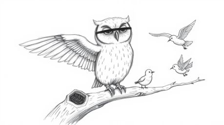 A heartwarming hand-drawn sketch in the style of Pixar depicts a blind owl, its feathery texture rendered with rough pencil s