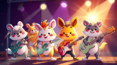 A captivating image of an adorable cartoon animal band rocking out!  Bathed in bright lens flares and vibrant colors, this 16