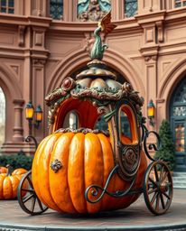 A stunning architectural color photograph captures the enchanting transformation of an adorable pumpkin into a charming carri