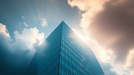 A dramatic cinematic scene showcasing a modern glass building seamlessly dissolving into a soft, cloudy sky. This visually st