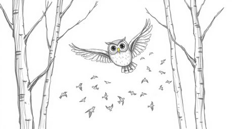 A hand-drawn sketch showcasing a wise-looking blind owl gracefully gliding between trees, its flight path inspiring numerous 
