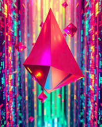 Bright, vibrant colors depict gracefully elegant, refined glitched geometric shapes floating in a lively, energetic cyberspac