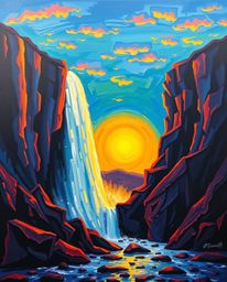 A bold acrylic painting depicts a dramatic waterfall and a setting sun, uniquely illuminated by warm candlelight. This artwor