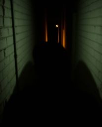 A chilling digital photograph capturing eyes watching intently from the depths of a shadowy alley at night. The image, taken 