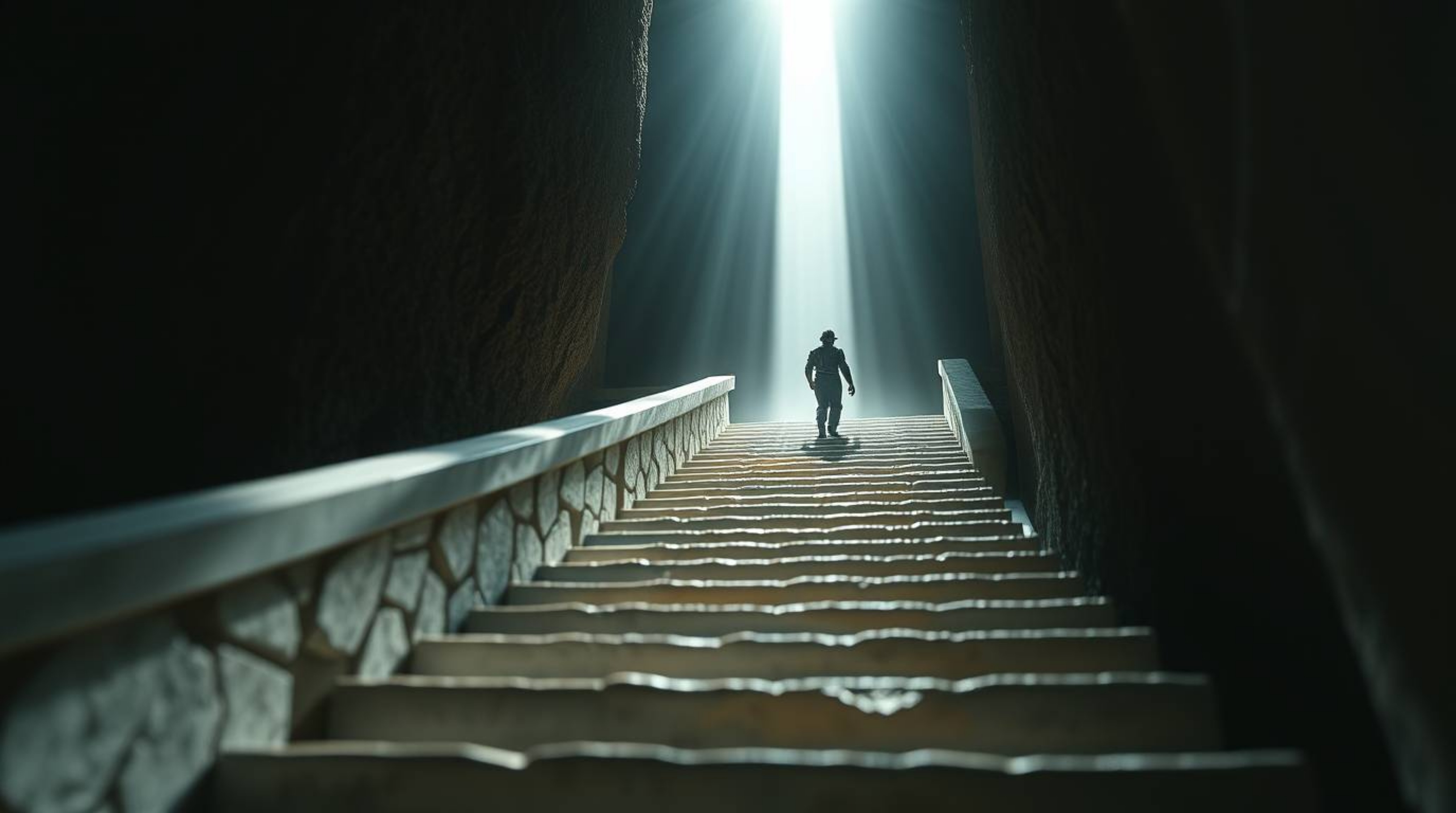 An extreme macro close-up capturing a lone figure's ascent on a stone staircase towards a divine beam of light, shrouded in a