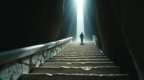 An extreme macro close-up capturing a lone figure's ascent on a stone staircase towards a divine beam of light, shrouded in a