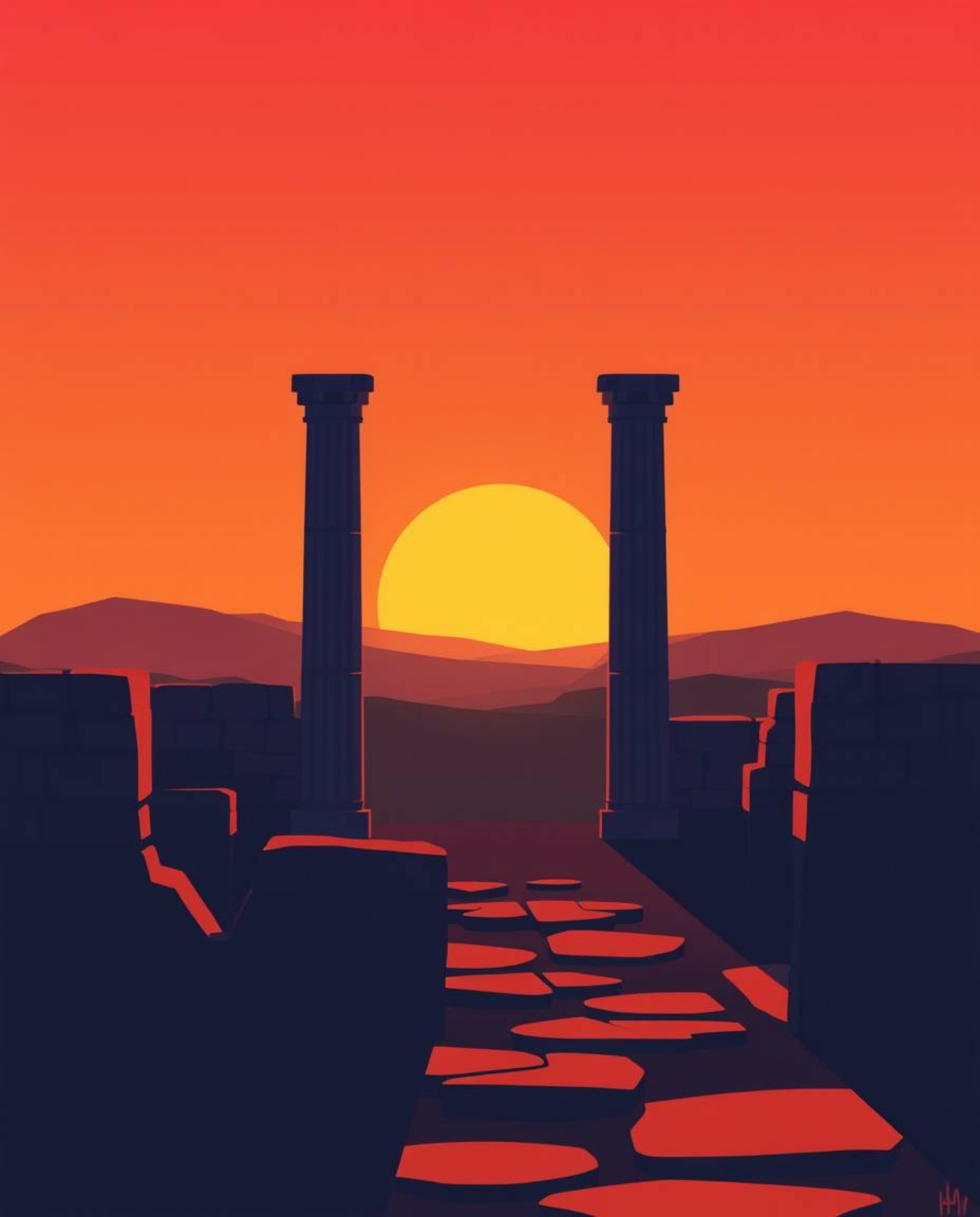 A modern flat design illustration of a sunset casting shadows through ancient stone ruins. The artwork utilizes simple, two-d