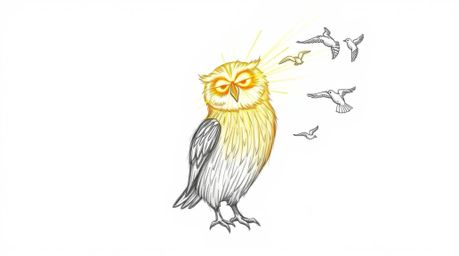 A hand-drawn sketch in the style of Pixar depicts a blind owl with luminous feathers, bathed in a sunbeam as it guides birds 