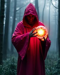 Download a high-resolution stock photo featuring a cloaked figure holding a glowing orb in a misty forest. This professional-