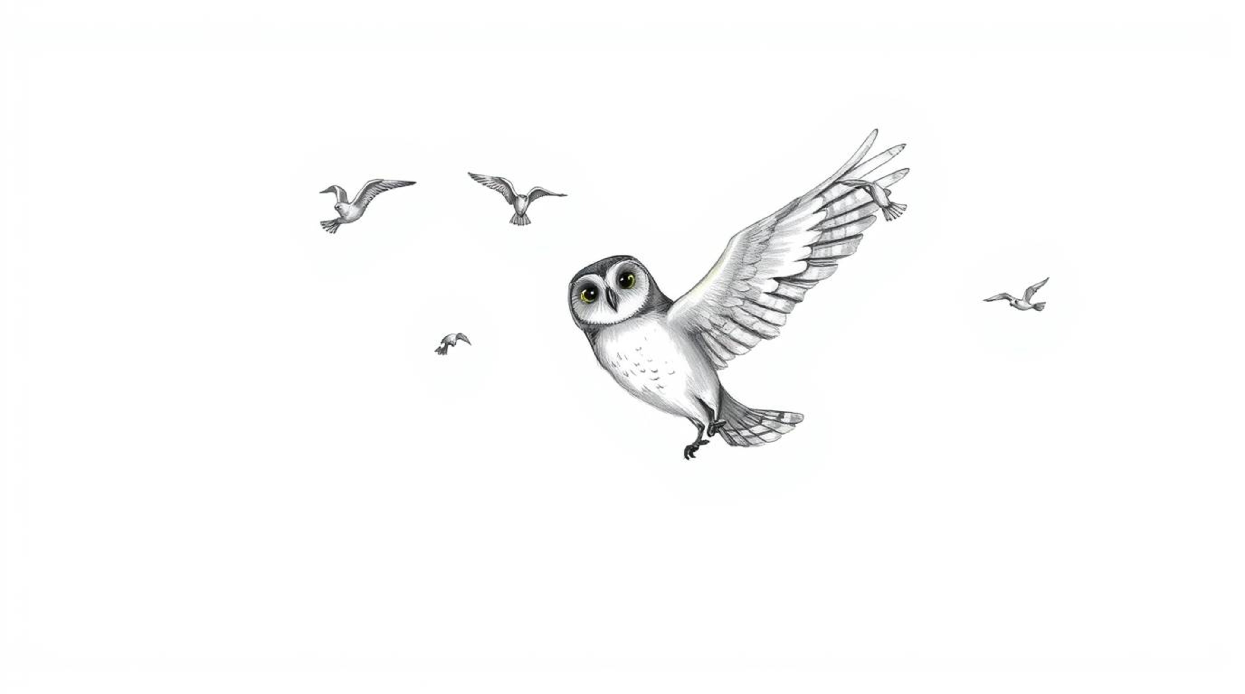 A heartwarming scene depicting a blind owl with glowing feathers, bathed in sunlight, teaching a flock of birds how to fly. R
