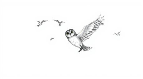 A heartwarming scene depicting a blind owl with glowing feathers, bathed in sunlight, teaching a flock of birds how to fly. R
