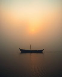 A boat drifts serenely on a lake at sunset, enveloped in thick fog, the scene rendered in warm terracotta and cool teal tones