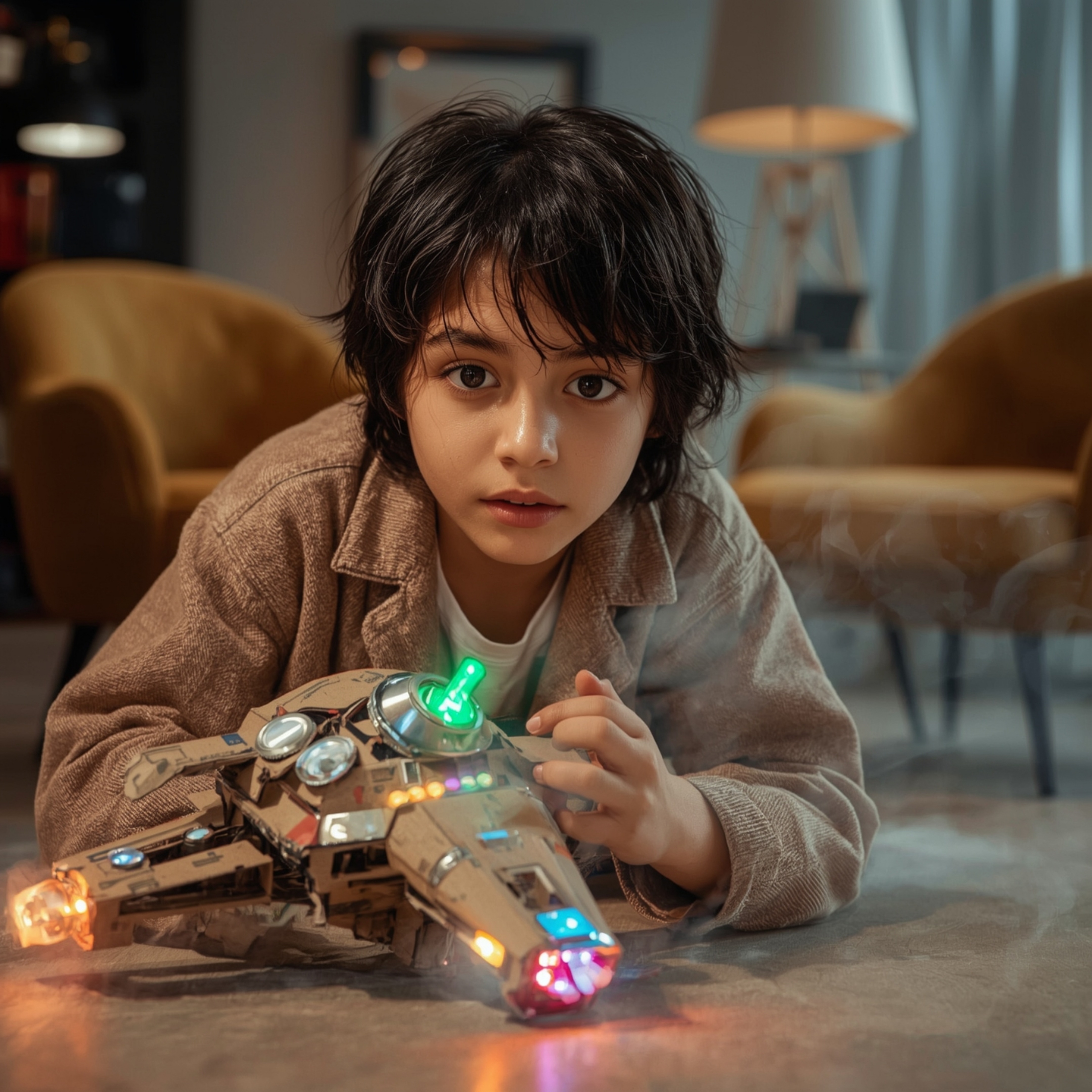 A captivating high-fashion photograph depicts a curious boy with bright eyes meticulously constructing an intricately designe