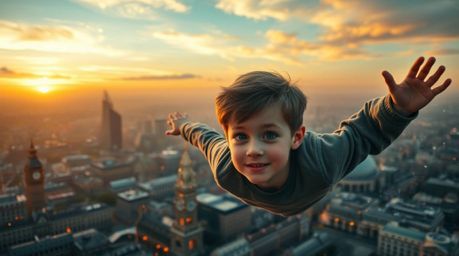 A captivating image depicting a young boy with fair skin and curious eyes, soaring through the air amidst a cloud of pixie du