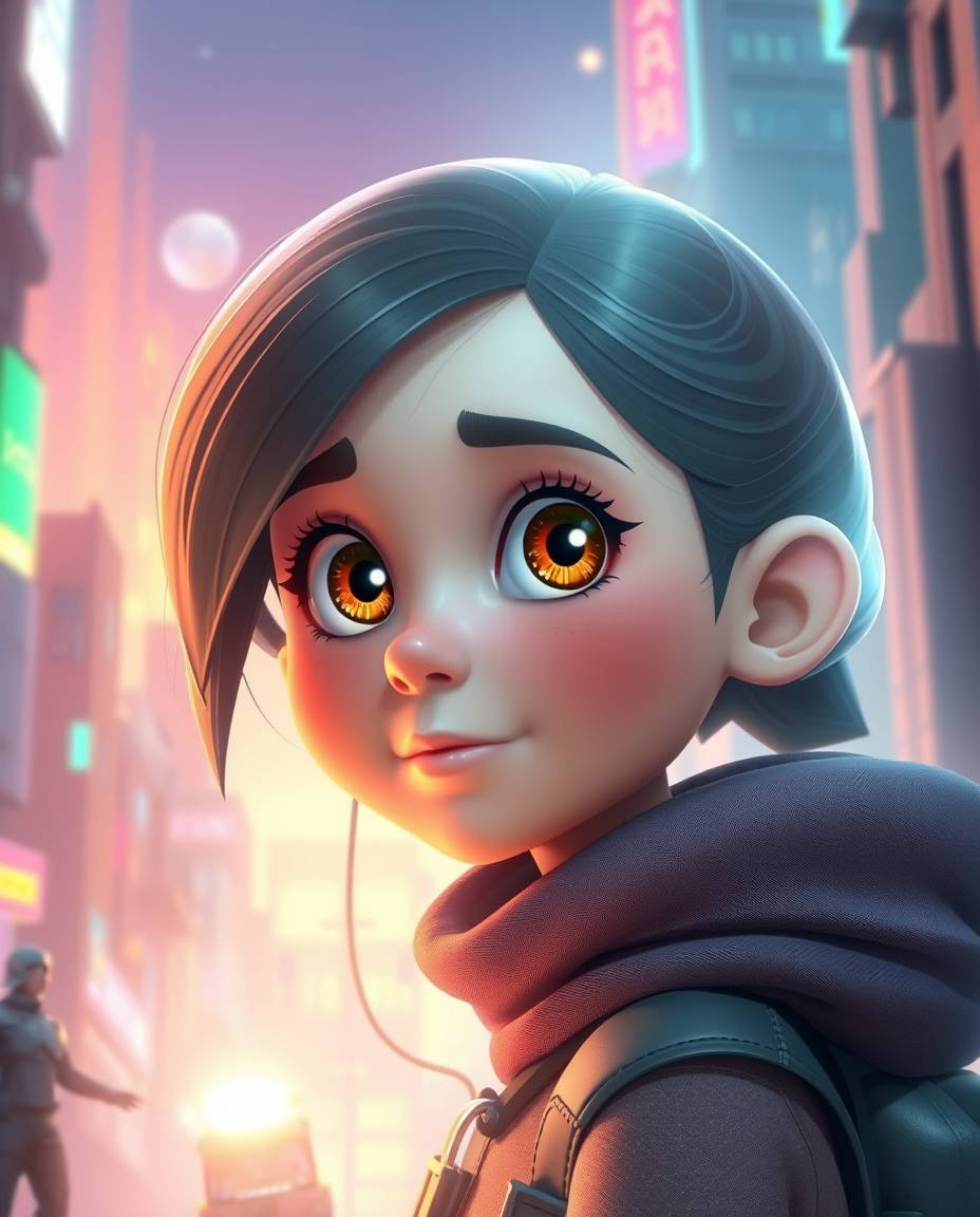 Discover a captivating image of a young, bright-eyed inventor girl in a futuristic city, rendered in a stunning Pixar-like st