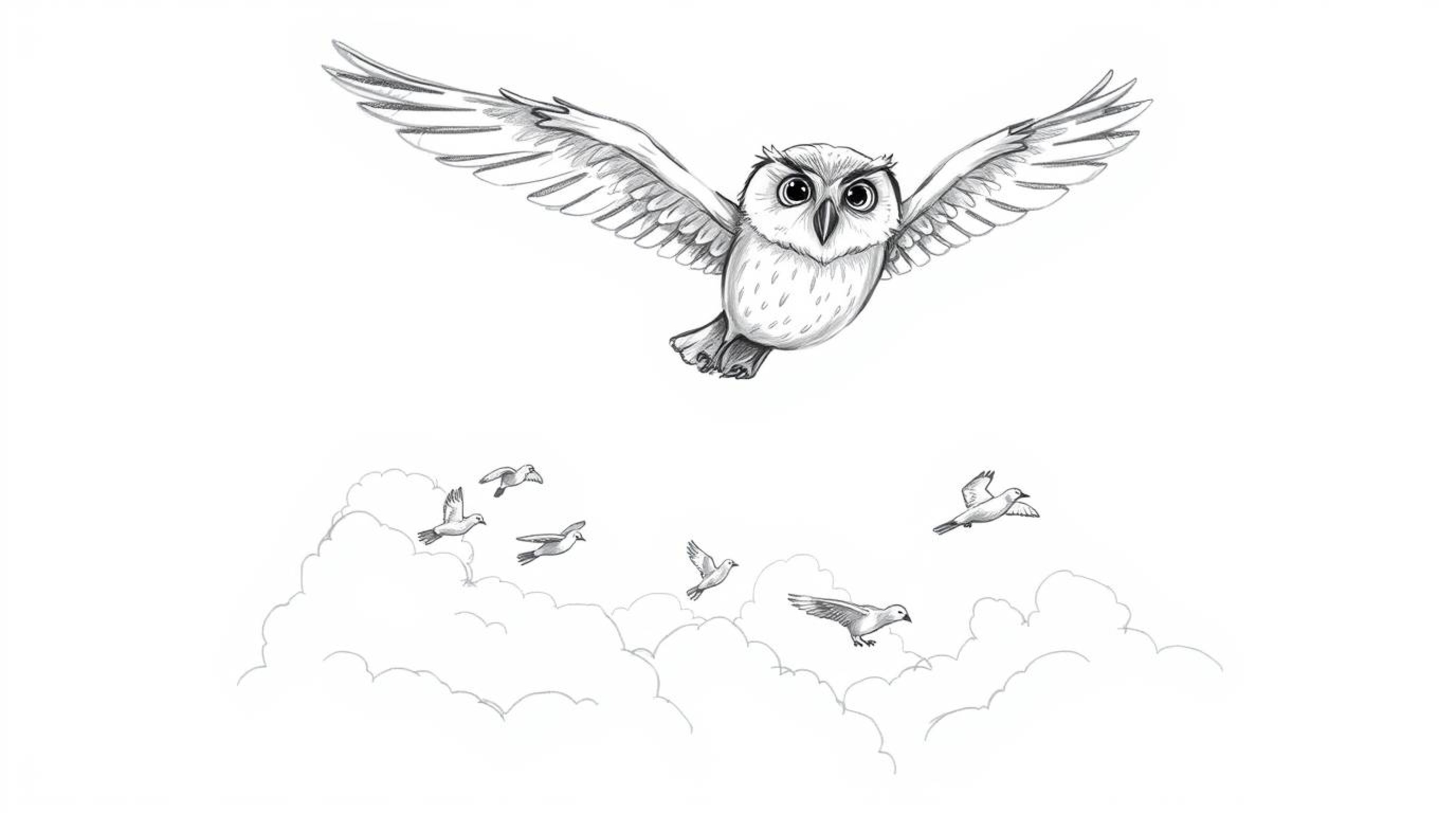 A heartwarming hand-drawn sketch in the style of Pixar showcases a blind owl soaring gracefully above fluffy white clouds, em