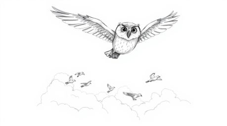 A heartwarming hand-drawn sketch in the style of Pixar showcases a blind owl soaring gracefully above fluffy white clouds, em