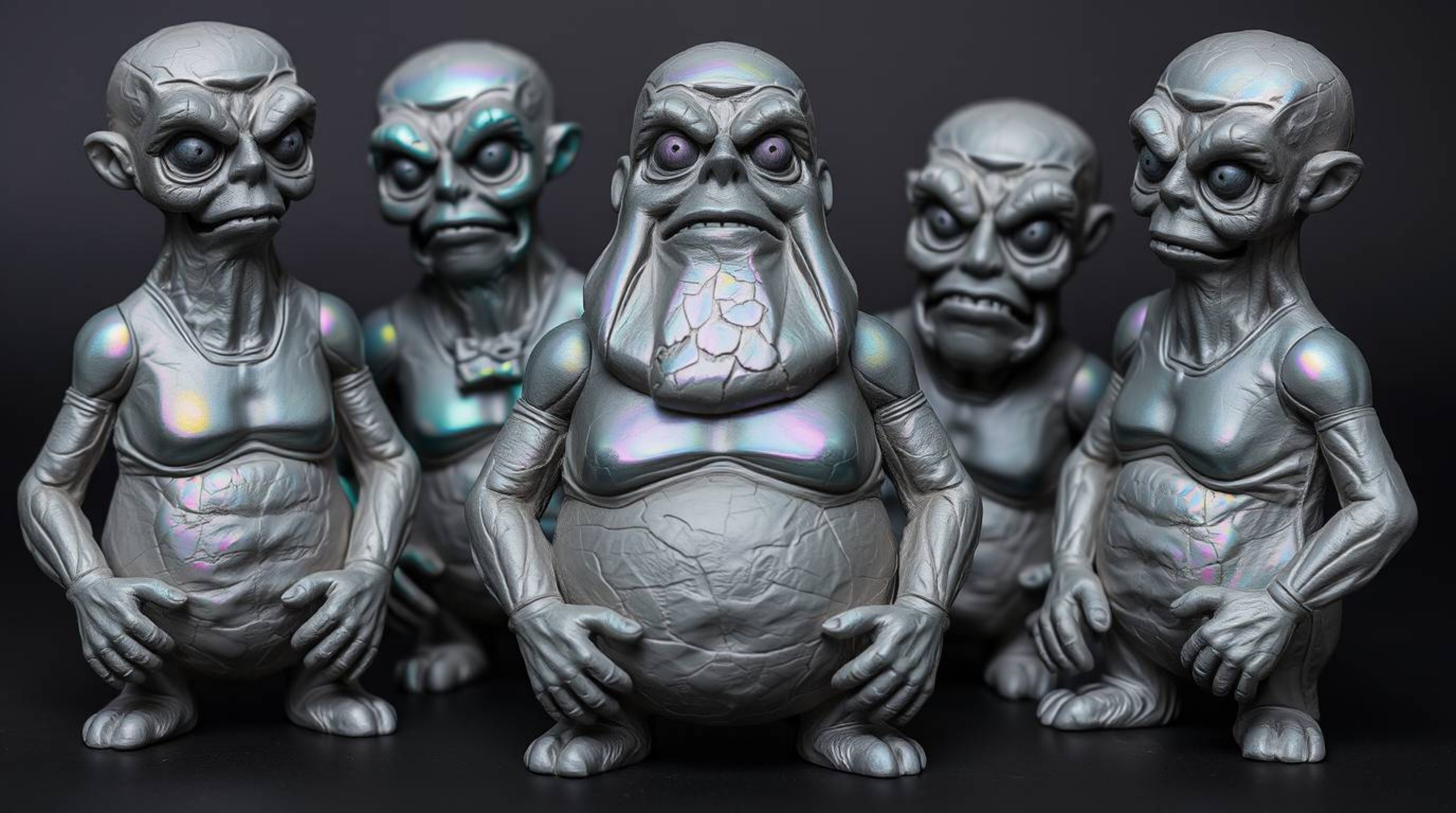 Discover a captivating collection of sculptural clay art featuring a team of misfit heroes.  Each piece boasts iridescent sur