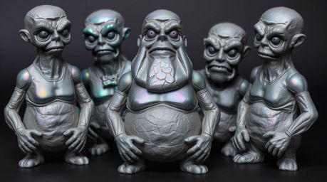 Discover a captivating collection of sculptural clay art featuring a team of misfit heroes.  Each piece boasts iridescent sur