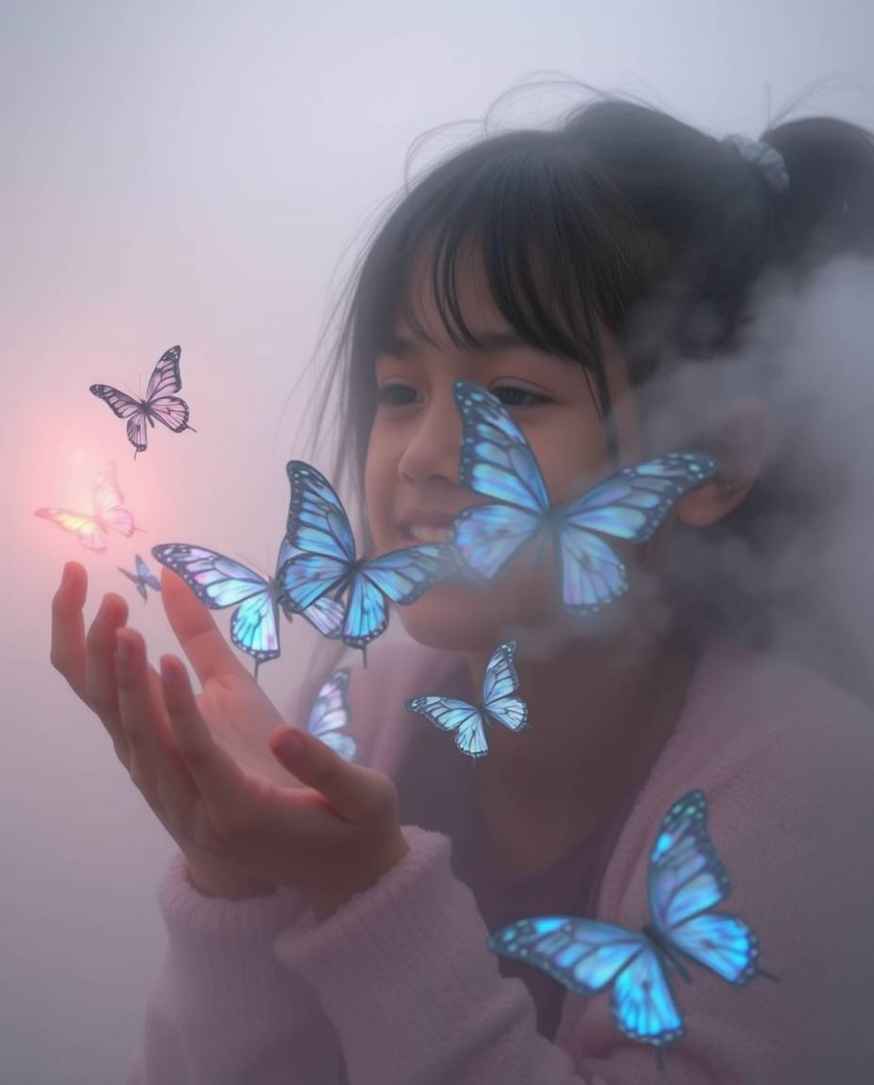 A captivating scene unfolds as a girl releases iridescent butterflies into a dense, foggy environment. The low visibility and