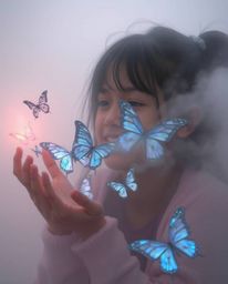 A captivating scene unfolds as a girl releases iridescent butterflies into a dense, foggy environment. The low visibility and