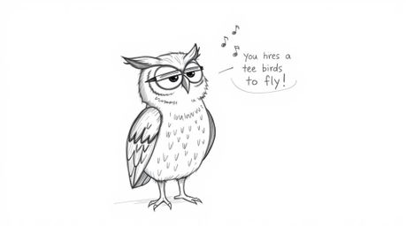 This hand-drawn sketch in the style of Pixar depicts a blind owl with textured pencil strokes, compassionately teaching birds