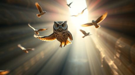 A cinematic long exposure photograph depicts a wise-looking blind owl, rendered in Pixar style, leading birds in flight throu