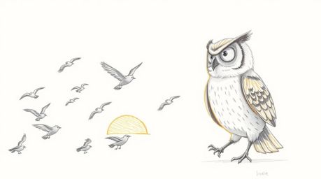 A charming hand-drawn sketch in the style of Pixar depicts a blind owl, rendered with textured pencil strokes, leading a clas