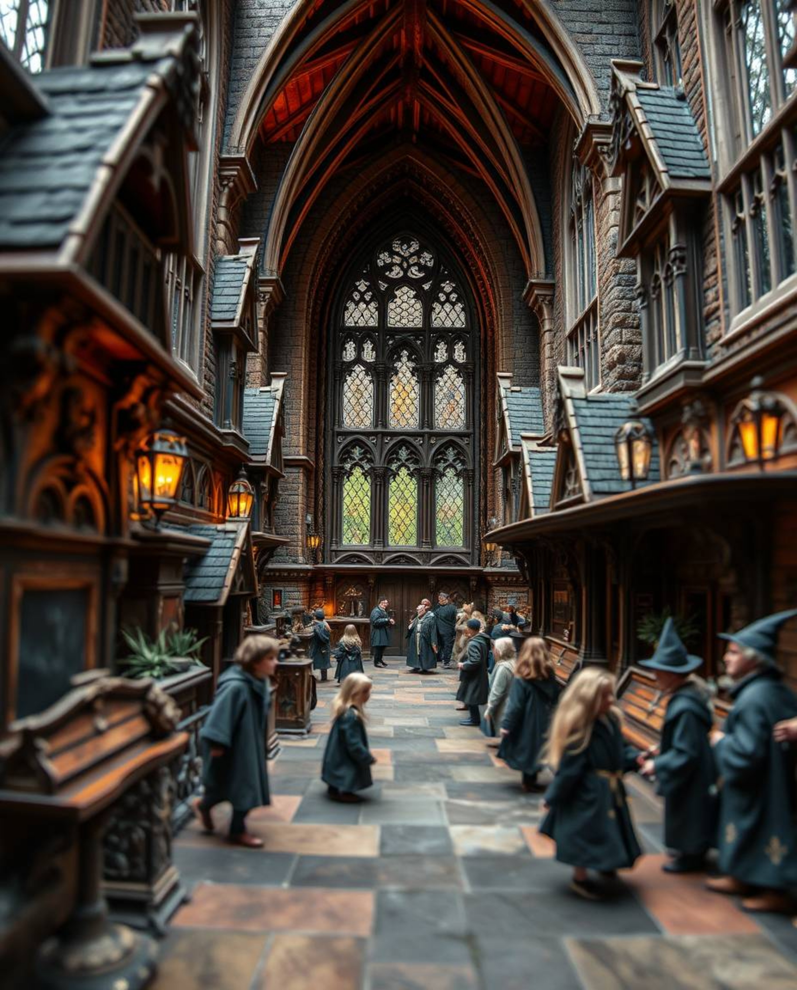 Explore an extreme macro close-up of a captivating magical school teeming with young wizards. This detailed shot showcases th