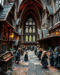 Explore an extreme macro close-up of a captivating magical school teeming with young wizards. This detailed shot showcases th
