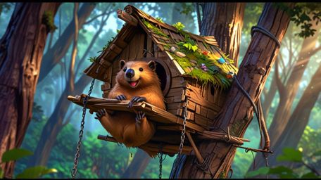 In a whimsical scene that blends the styles of Pixar and anime, a beaver is depicted building the perfect treehouse for orpha
