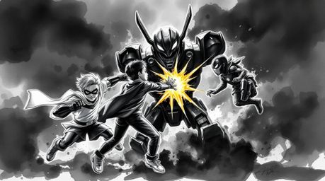 A captivating watercolor painting depicts three superpowered children engaged in an intense battle against a formidable robot